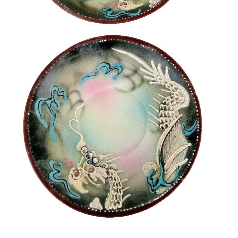 Vintage Japanese Moriage Shift Raised Dragon Set of Four Saucer Plates